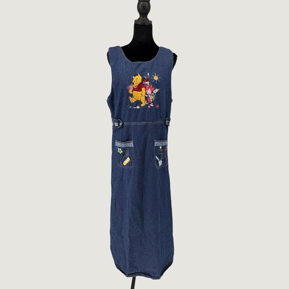 Disney Catalog Winnie Pooh Denim Jumper Dress Women Medium Blue Good Embroidered